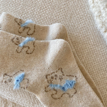 Gohobi Fleece-Lined Cat Print Winter Socks