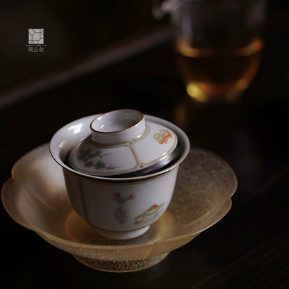 [賦山敘 x Gohobi] “Garden Offering” Green & Ink-Rimmed Gaiwan – Small Hand-Painted Ceramic Gongfu Tea Bowl for Rock Tea