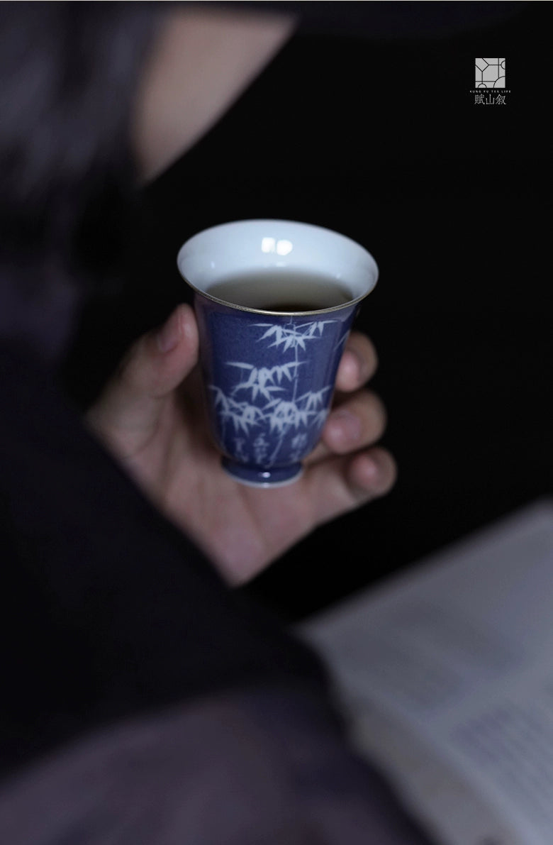[賦山敘 x Gohobi] “Bamboo Pavilion” Splash-Blue Carved Aroma Cup – Single Ceramic Gongfu Master Tasting Cup