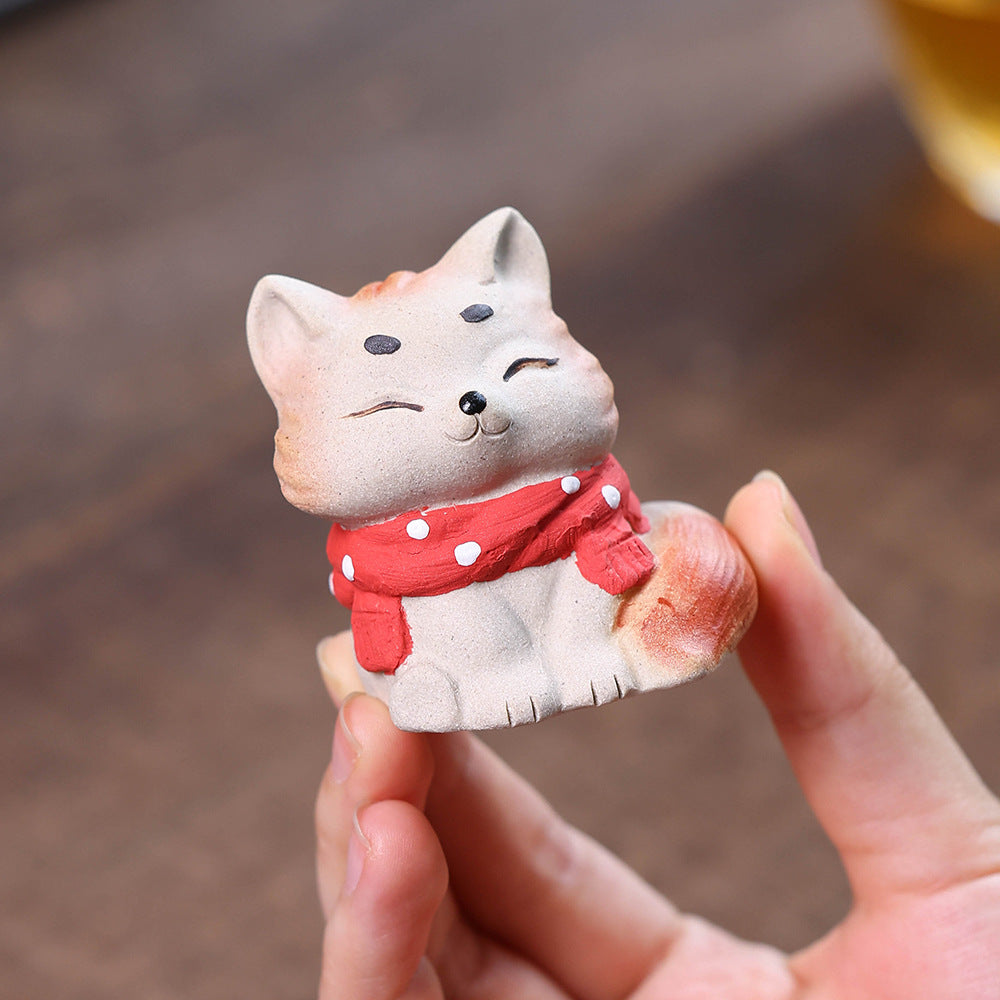 Gohobi Yixing Purple Clay Fox Cat Tea Pet – Hand-Painted Lucky Cat Ornament