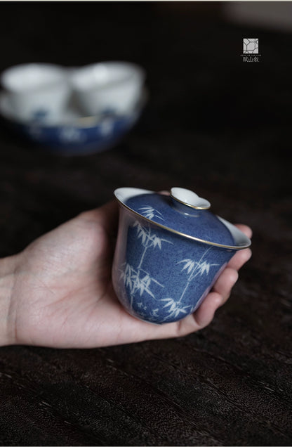 [賦山敘 x Gohobi] “Qingping Yue” Splash-Blue Carved Gaiwan – Bamboo Pattern Double-Walled Ceramic Gongfu Tea Bowl