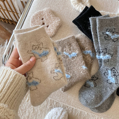 Gohobi Fleece-Lined Cat Print Winter Socks