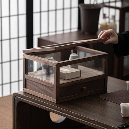 Gohobi Walnut Wood Glass Tea Cabinet with Drawer