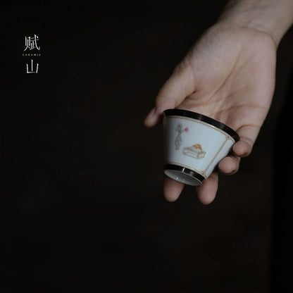 [賦山敘 x Gohobi] “Garden in Green” Hand-Painted Master Teacup – Jingdezhen Single Gongfu Cup with Ink-Toned Rim