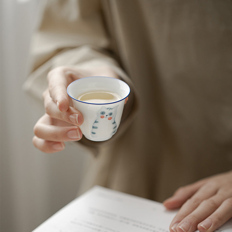 Gohobi Hand-Painted Cat & Peach Teacup