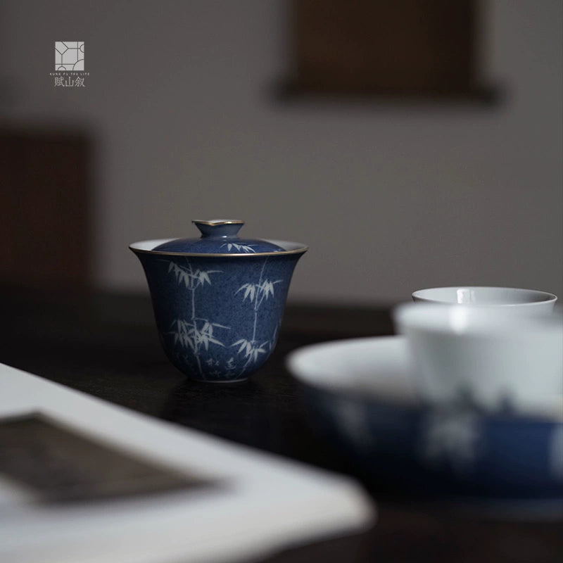 [賦山敘 x Gohobi] “Qingping Yue” Splash-Blue Carved Gaiwan – Bamboo Pattern Double-Walled Ceramic Gongfu Tea Bowl