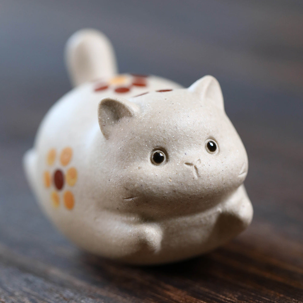 Gohobi Yixing Purple Clay Flower Cat Tea Pet – Handmade Lucky Cat Ornament