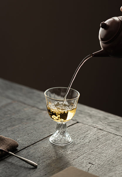 Gohobi High Borosilicate Glass Flower-Rim Swirl-Base Tall Footed Master Cup – Heat-Resistant Gongfu Tea Cup