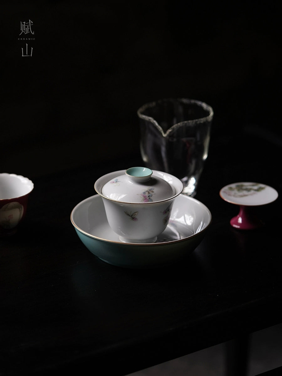 [賦山敘 x Gohobi] Turquoise Butterfly Teapot Base – Minimalist Pastel Ceramic Dry Brewing Tray for Gaiwan & Teapot