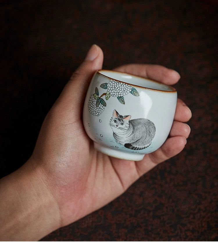 Gohobi Hand-painted Grey Cat Hydrangeas Ceramic Tea Cup