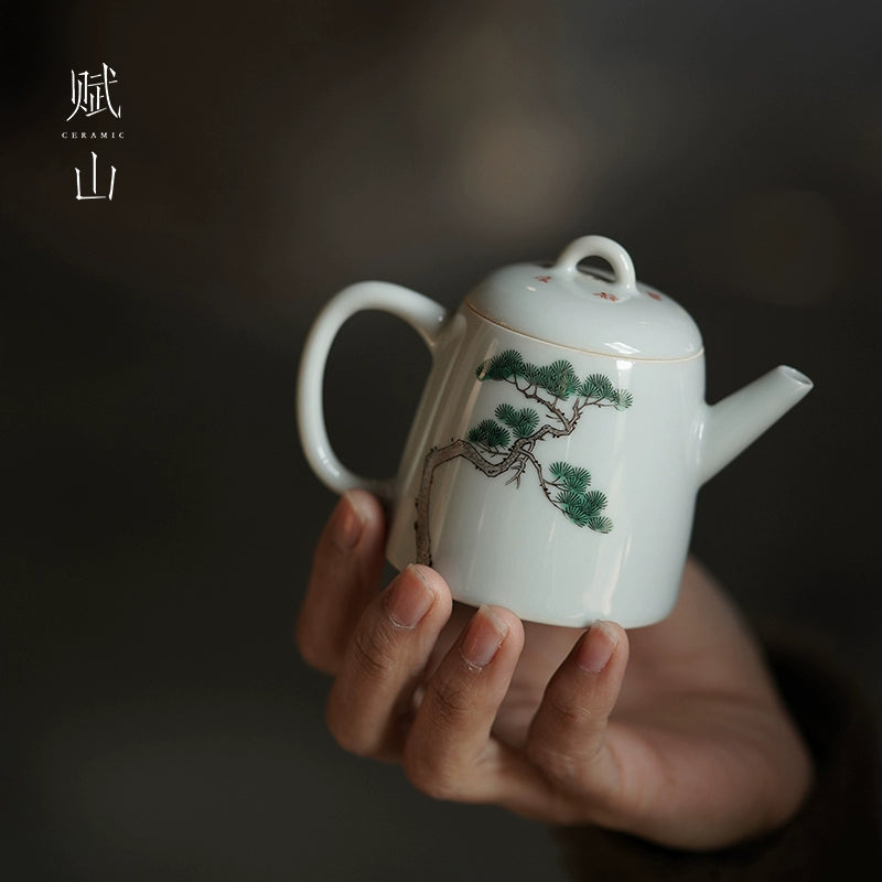 [賦山敘 x Gohobi] Hand-Painted Ceramic Teapot – Small Chinese Gongfu Tea Pot with Pine Tree & Calligraphy Design, Antique Style