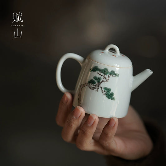 [賦山敘 x Gohobi] Hand-Painted Ceramic Teapot – Small Chinese Gongfu Tea Pot with Pine Tree & Calligraphy Design, Antique Style