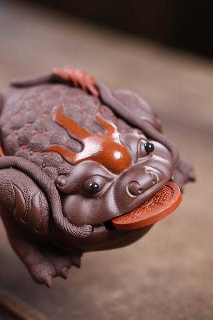Gohobi Yixing Purple Clay Flame Golden Toad Tea Pet – Handmade Lucky Three-Legged Toad Ornament