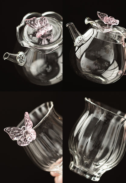 Gohobi Butterfly High Borosilicate Glass Tea Cup and Teapot Set – Heat-Resistant Transparent Gongfu Tea Set for Home and Office