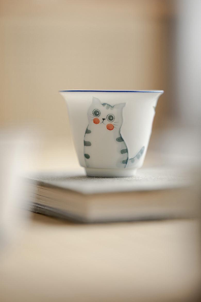 Gohobi Hand-Painted Cat & Peach Teacup