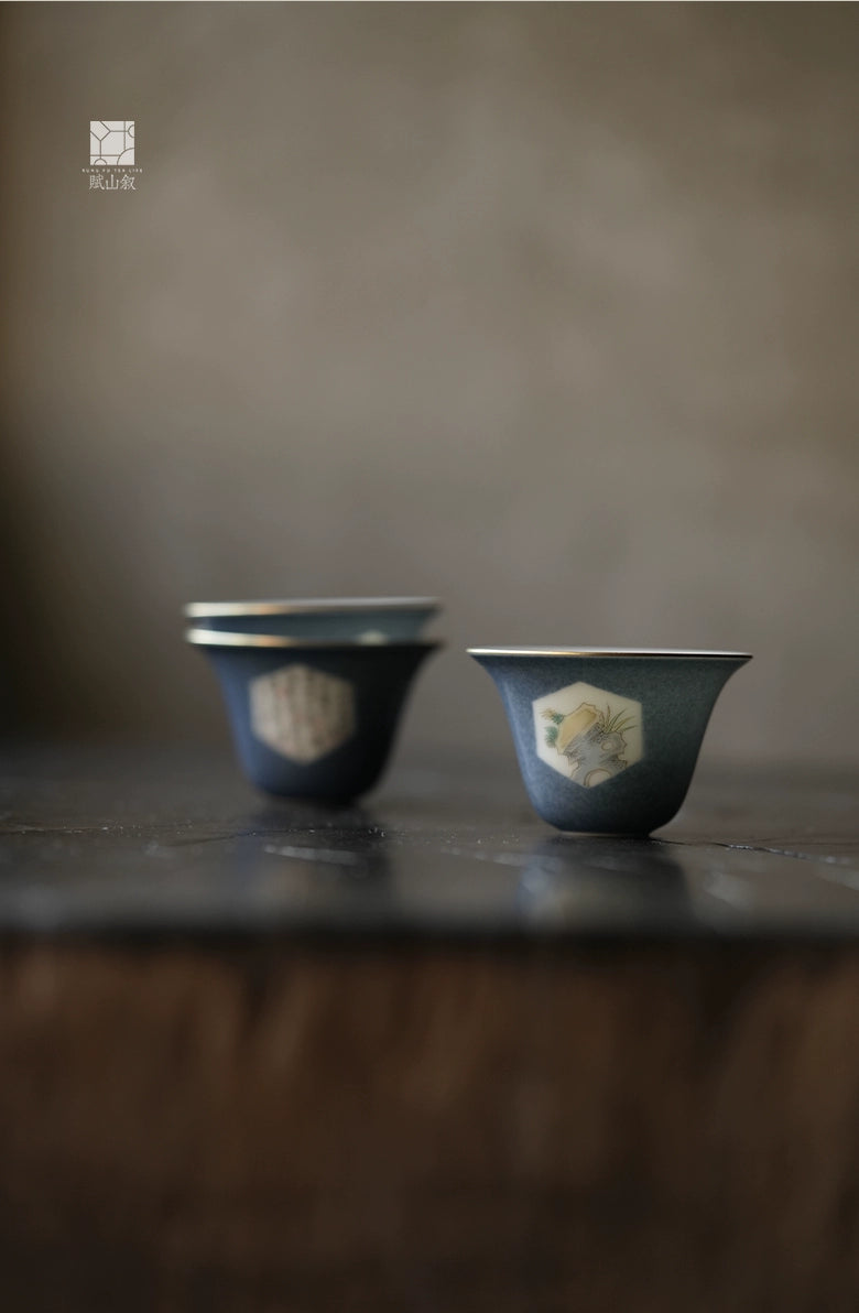 [賦山敘 x Gohobi] “Splash-Blue Stone & Poetry” Teacup Set – 3pcs Handcrafted Jingdezhen Ceramic Gongfu Tasting Cups