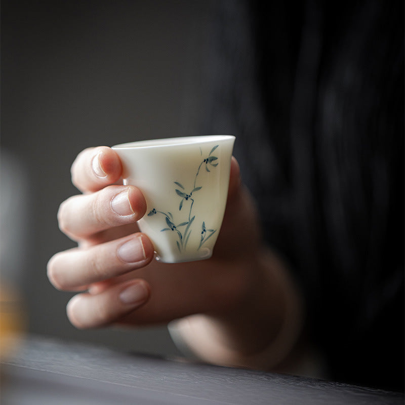 Gohobi White Porcelain Hand-Painted Orchid Teacup