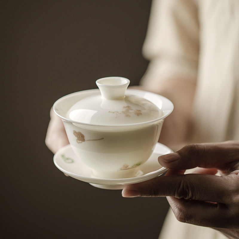 Gohobi Handmade White Porcelain Gaiwan – Thin Porcelain Tea Bowl with Saucer