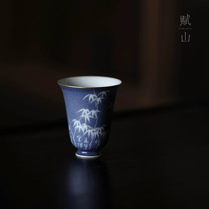 [賦山敘 x Gohobi] “Bamboo Pavilion” Splash-Blue Carved Aroma Cup – Single Ceramic Gongfu Master Tasting Cup