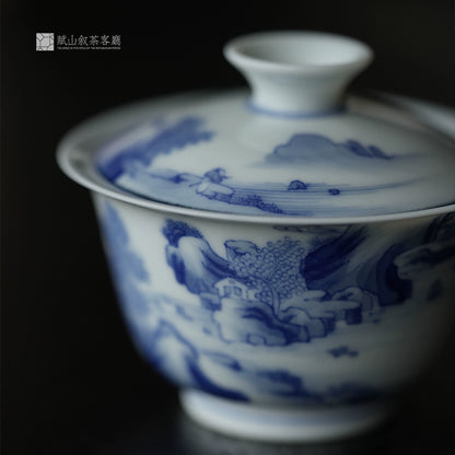 [賦山敘 x Gohobi] “Weiwan Studio” Kangxi-Style Blue and White Gaiwan – Hand-Painted Jingdezhen Porcelain Teaware with Landscape Design