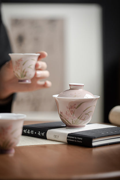 Gohobi White Porcelain Hand-Painted Orchid Gaiwan