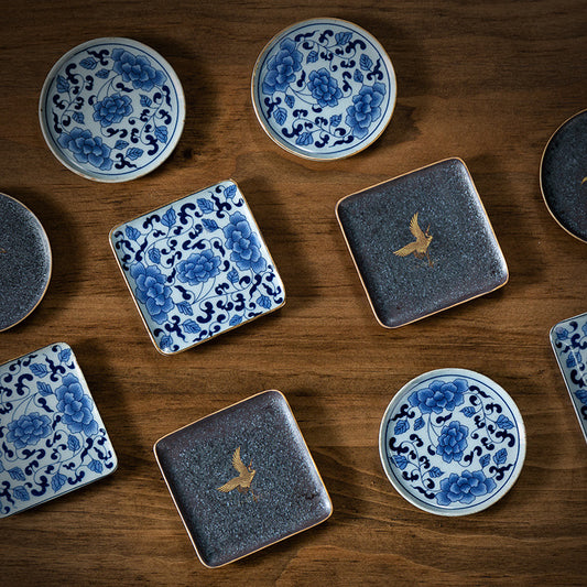 Gohobi Blue and White Balck and Gold Ceramic Coaster