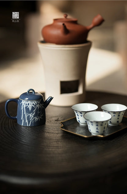 [賦山敘 x Gohobi] “Garden Bamboo” Splash-Blue Carved Teapot – Handcrafted Jingdezhen Ceramic Gongfu Teapot with Colored Glaze