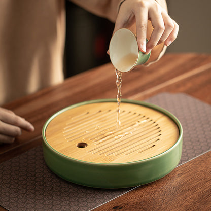Gohobi Round Ceramic Bamboo Tea Tray