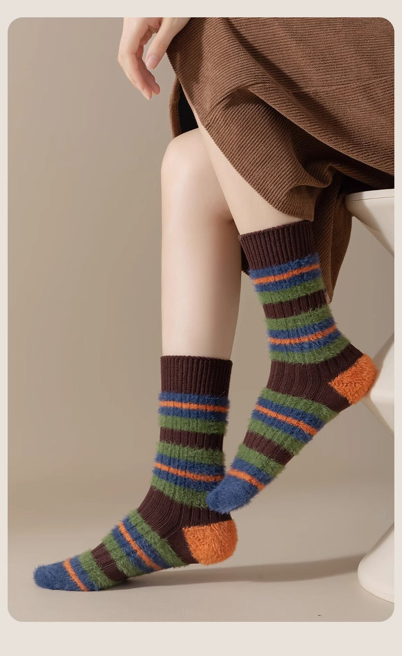 Korean Style Color Block Mink Furry Socks