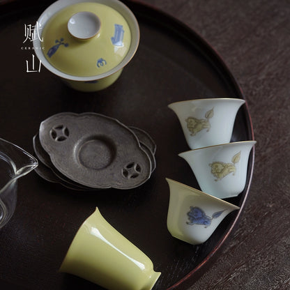[賦山敘 x Gohobi] Hand-Painted “Playful Guardian Lion” Teacup Set – Set of 3 Gilded New Chinese Style Bell-Shaped Cups