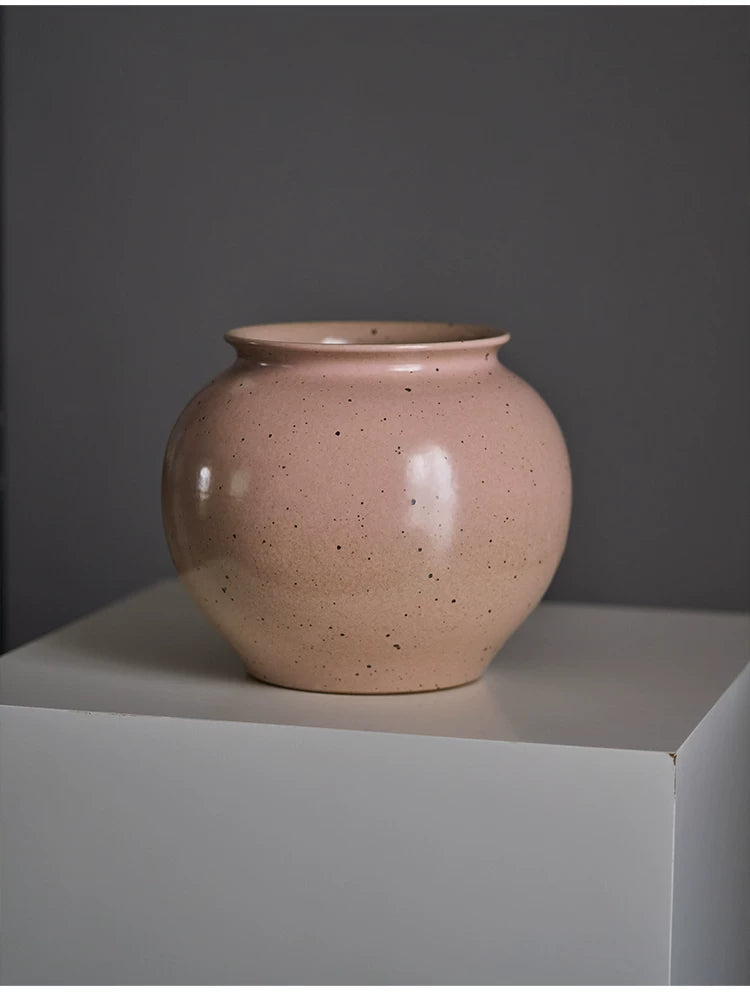 Gohobi Jingdezhen Handmade Pink Ceramic Vase – Wide Mouth Retro Coarse Pottery Flower Vase