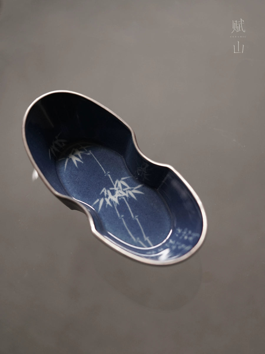 [賦山敘 x Gohobi] Splash-Blue Carved Bamboo Tea Scoop – Silver-Rimmed Ceramic Cha He for Gongfu Tea Serving