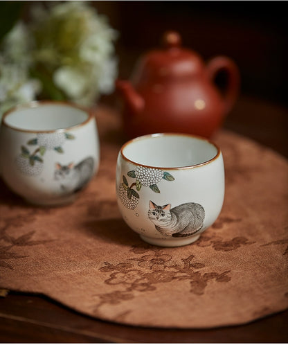 Gohobi Hand-painted Grey Cat Hydrangeas Ceramic Tea Cup