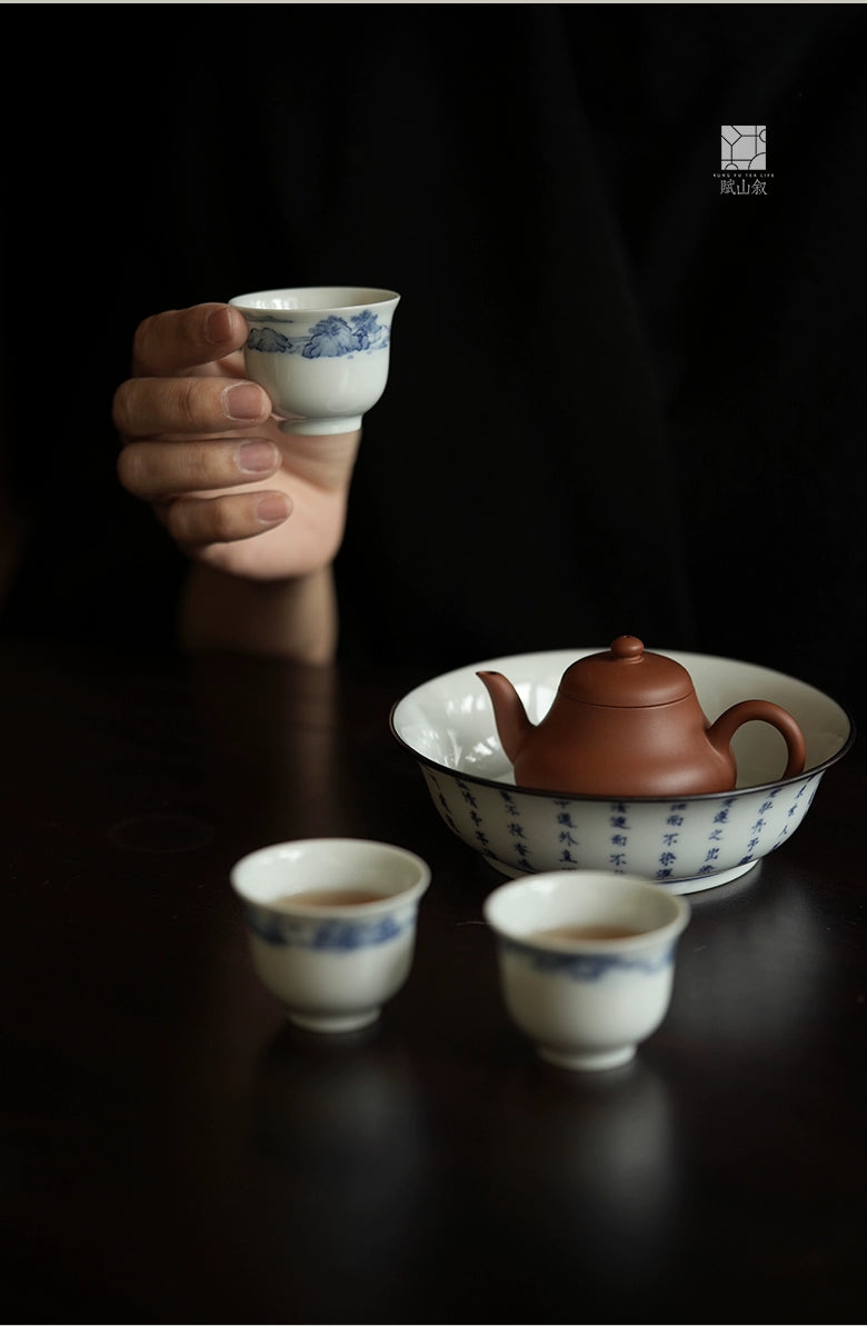 [賦山敘 x Gohobi] Blue and White Landscape Teacup Set – 3pcs Hand-Painted Porcelain Gongfu Cups with Minimalist Brushwork