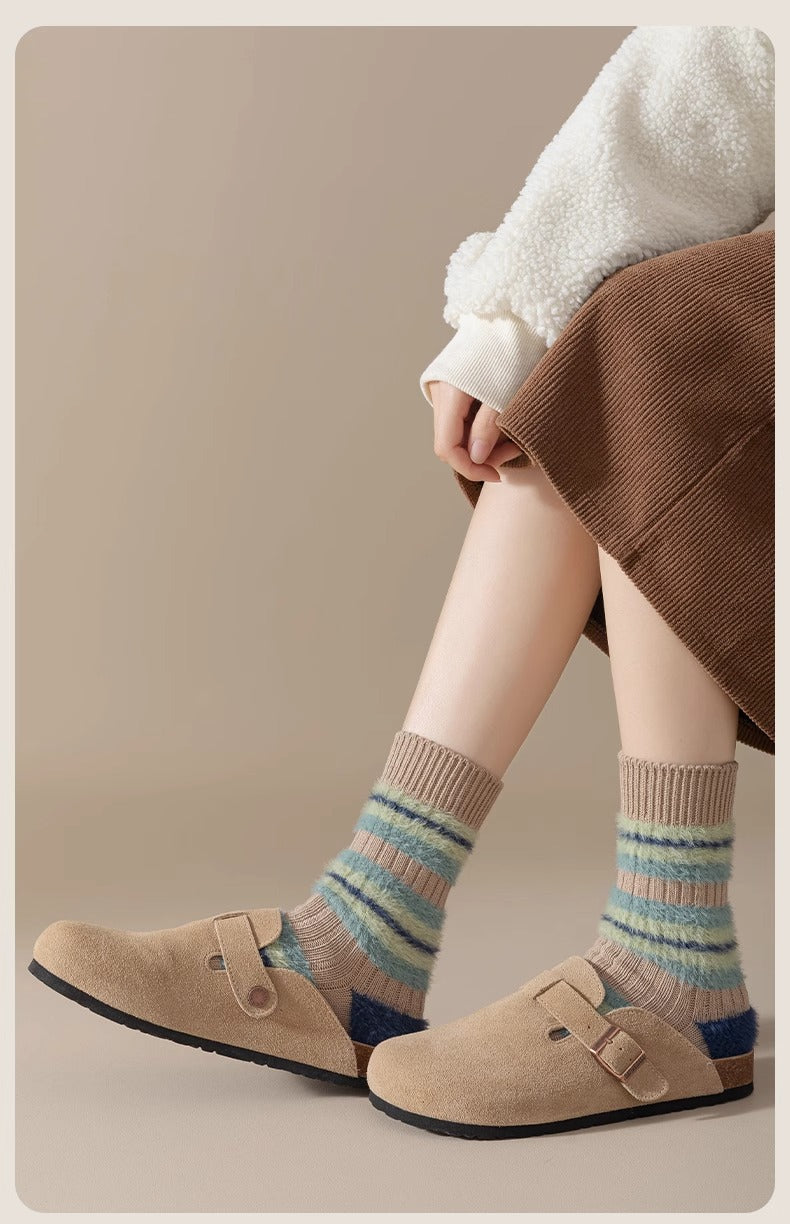 Korean Style Color Block Mink Furry Socks