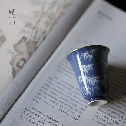 [賦山敘 x Gohobi] “Bamboo Pavilion” Splash-Blue Carved Aroma Cup – Single Ceramic Gongfu Master Tasting Cup