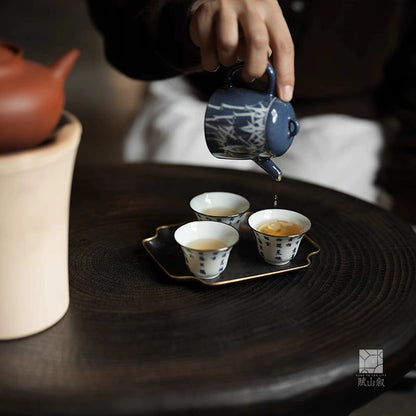 [賦山敘 x Gohobi] Blue and White Calligraphy Teacup Set – 3pcs Jingdezhen Gongfu Master Cups with Silver Rim and Poetic Script