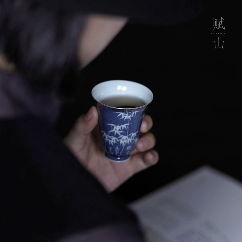 [賦山敘 x Gohobi] “Bamboo Pavilion” Splash-Blue Carved Aroma Cup – Single Ceramic Gongfu Master Tasting Cup