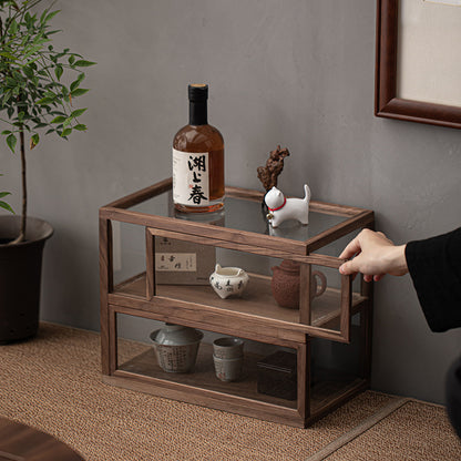 Gohobi Walnut Wood Glass Tea Cabinet (Two Single Sliding Door)