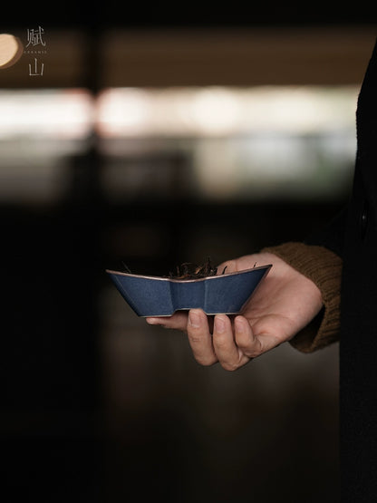 [賦山敘 x Gohobi] Splash-Blue Carved Bamboo Tea Scoop – Silver-Rimmed Ceramic Cha He for Gongfu Tea Serving