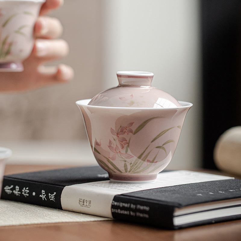 Gohobi White Porcelain Hand-Painted Orchid Gaiwan