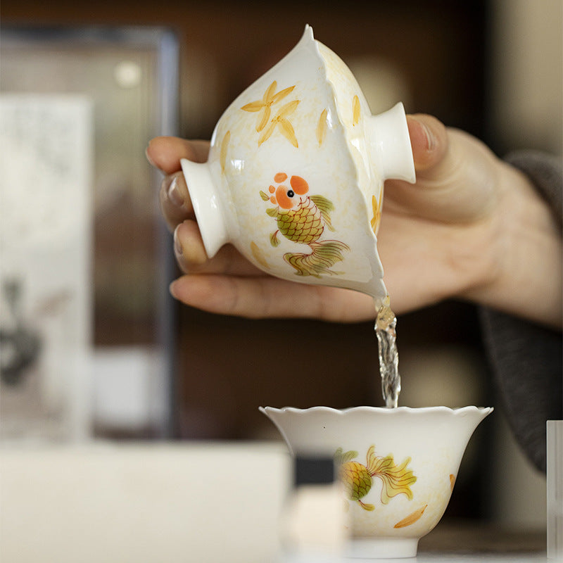 Gohobi Porcelain Hand-Painted Golden Fish Gaiwan
