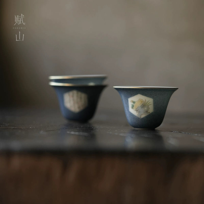 [賦山敘 x Gohobi] “Splash-Blue Stone & Poetry” Teacup Set – 3pcs Handcrafted Jingdezhen Ceramic Gongfu Tasting Cups