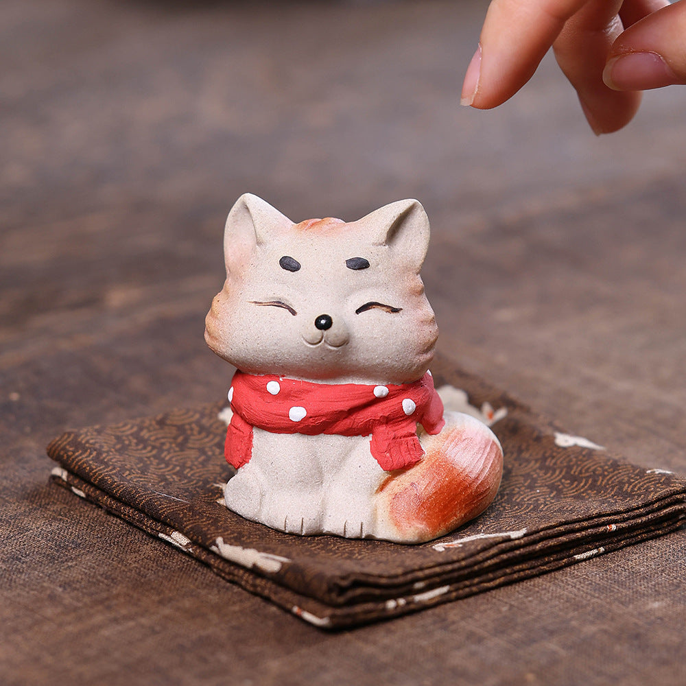 Gohobi Yixing Purple Clay Fox Cat Tea Pet – Hand-Painted Lucky Cat Ornament