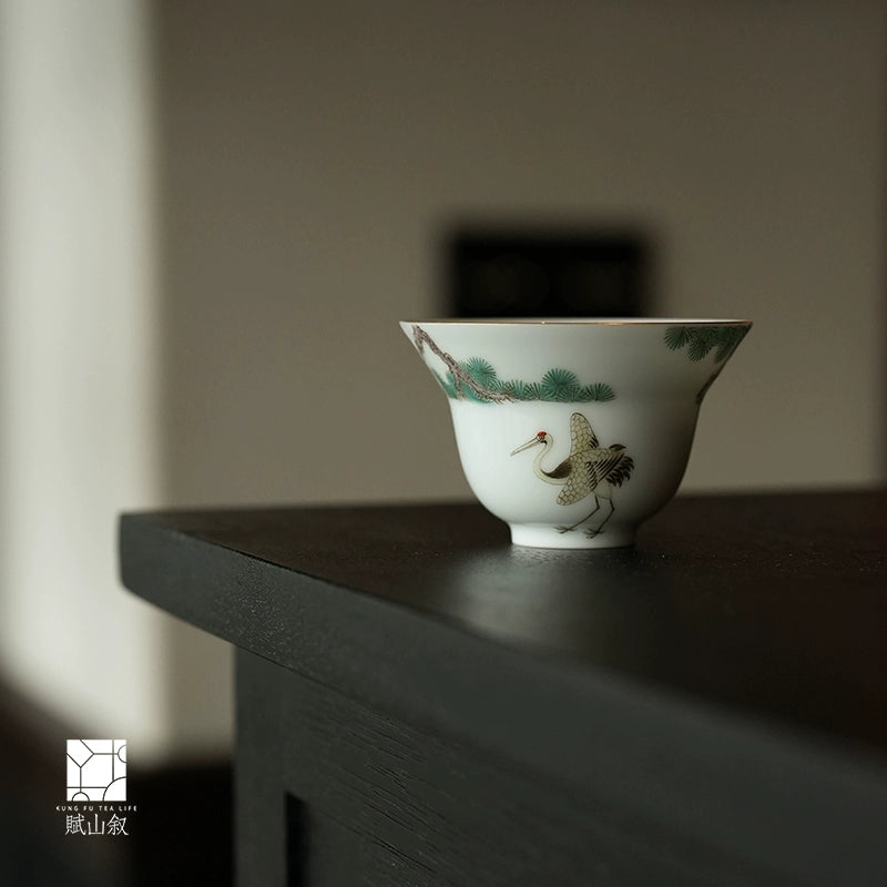 [賦山敘 x Gohobi] "Dai Mo Pine & Crane" Hand-Painted Pastel Gaiwan – Heat-Resistant Ceramic Gongfu Tea Bowl