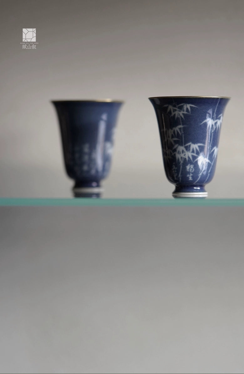 [賦山敘 x Gohobi] “Bamboo Pavilion” Splash-Blue Carved Aroma Cup – Single Ceramic Gongfu Master Tasting Cup