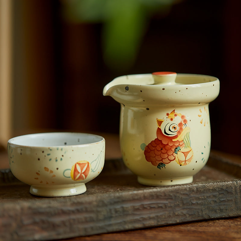 Gohobi Hand-painted Dance Lion Gaiwan Set  Hohin Teapot