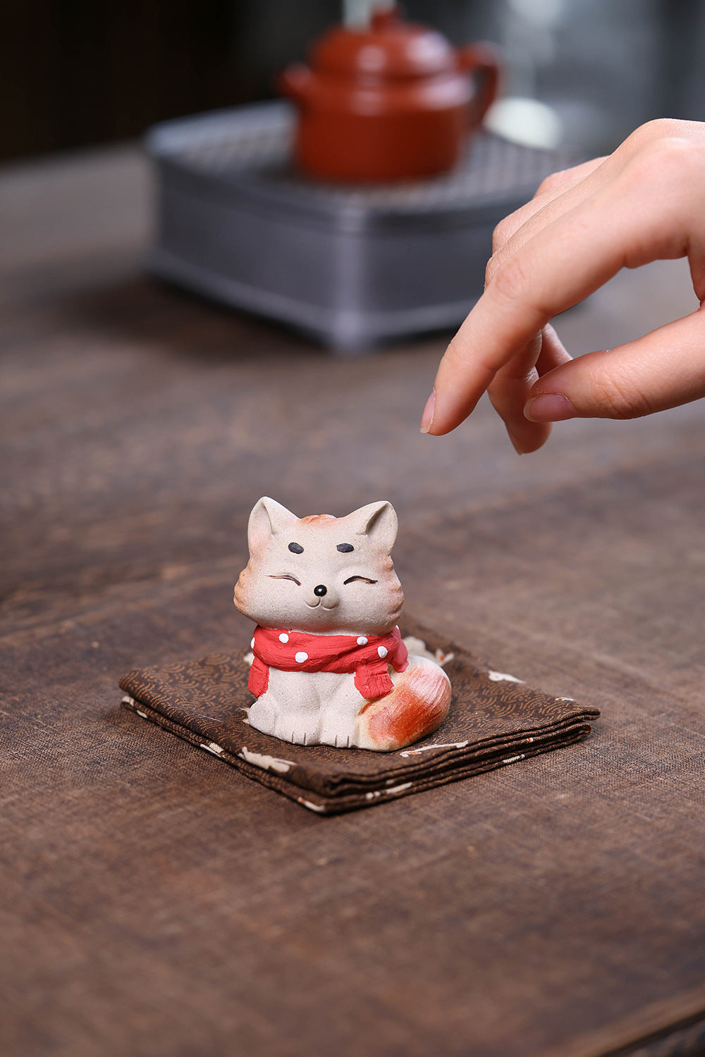 Gohobi Yixing Purple Clay Fox Cat Tea Pet – Hand-Painted Lucky Cat Ornament