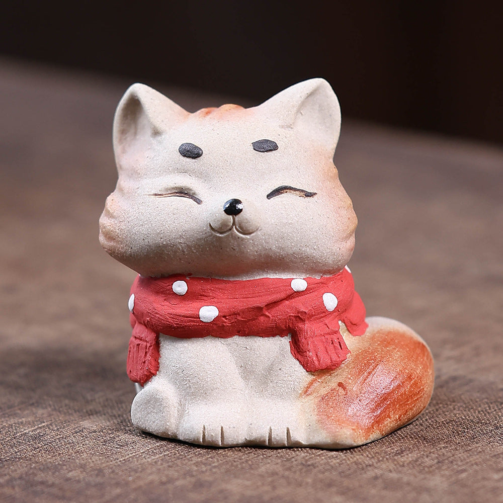 Gohobi Yixing Purple Clay Fox Cat Tea Pet – Hand-Painted Lucky Cat Ornament