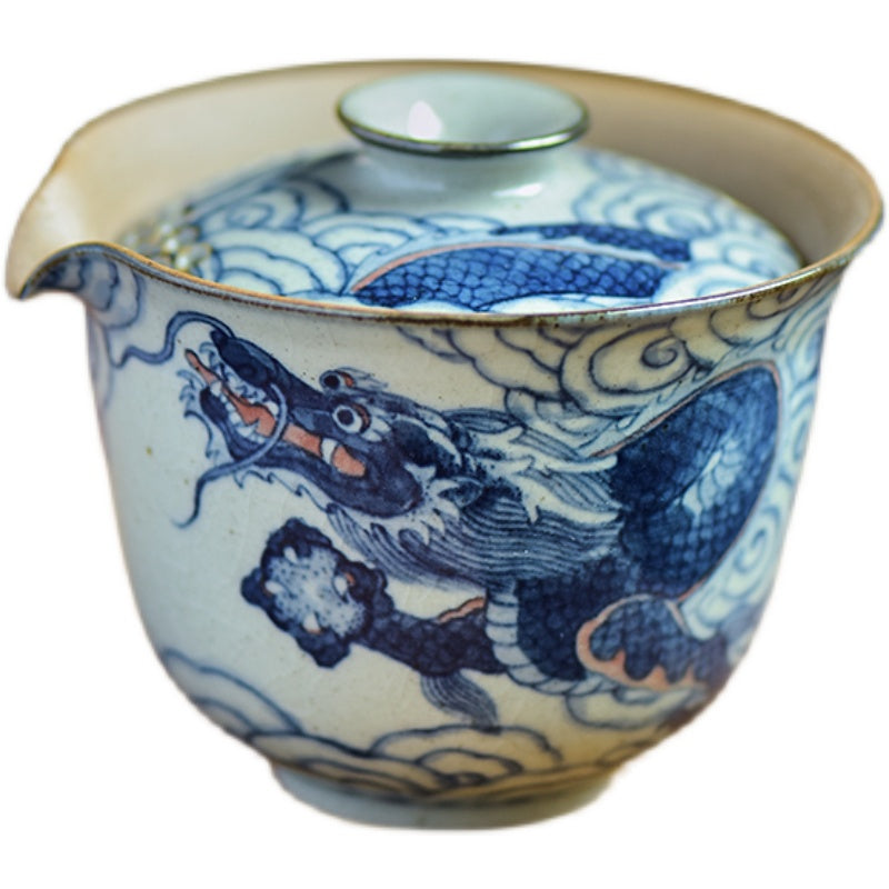 Gohobi Hand-painted Vintage Style Blue and White Dragon Gaiwan  Hohin Teapot